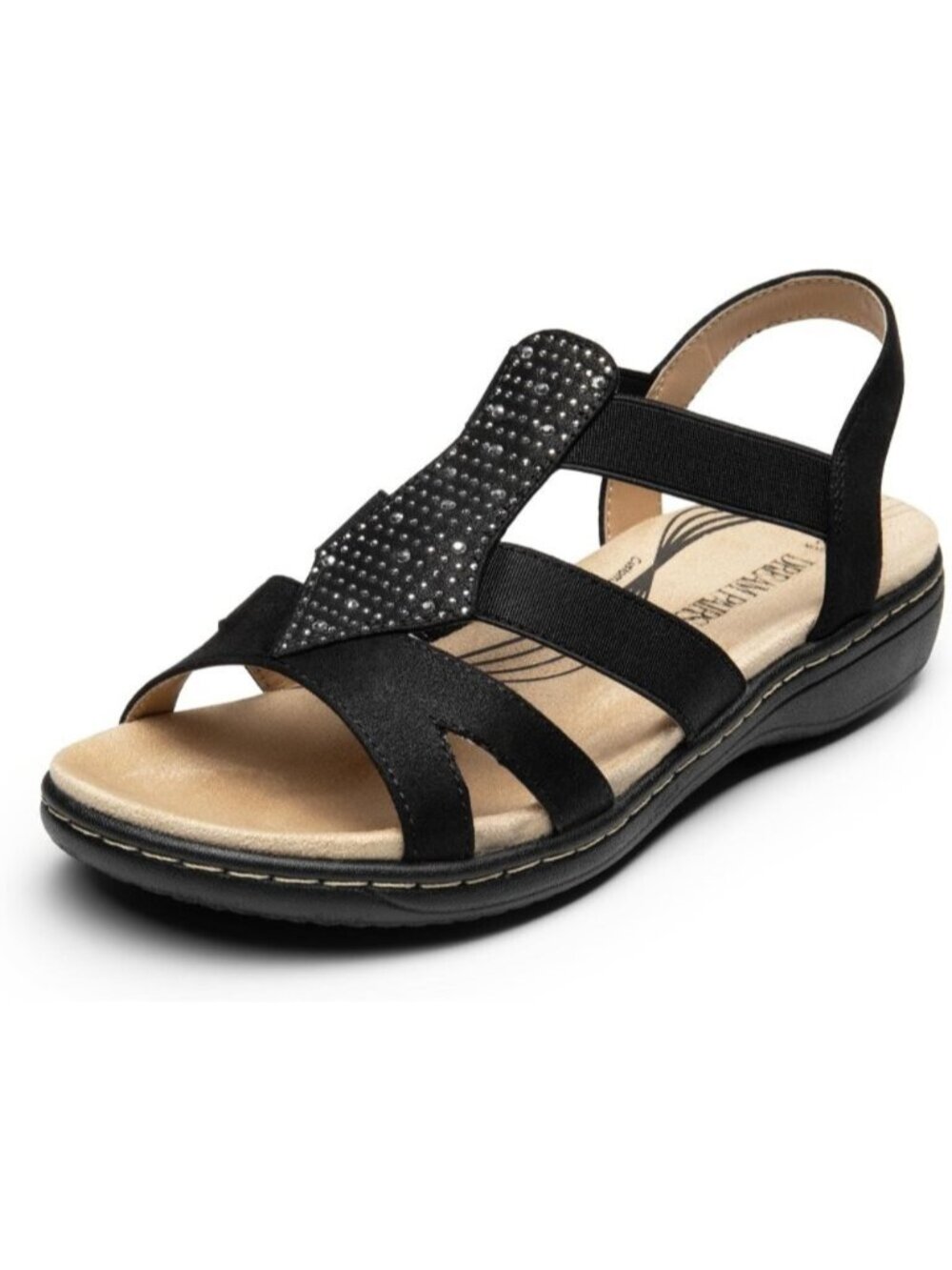 Women's Black Open Toe Dressy Elastic Stretchy Strap Arch Support Flat Sandals